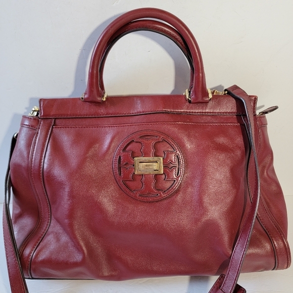 TORY BURCH Women Red Leather Slink Tote Bag Double Handle Sz Large Office Travel - Picture 2 of 12